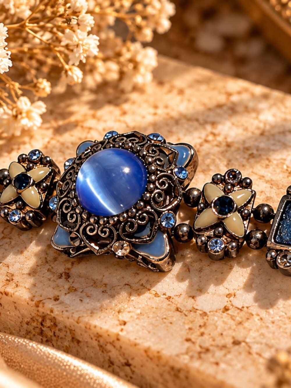 Vintage Style Blue Cat Eye Rhinestone Statement Bracelet